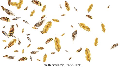 Beautiful watercolor feathers in various shades of yellov , gold and orange scattered on a white background. Perfect for naturethemed designs, boho decor, and artistic projects.