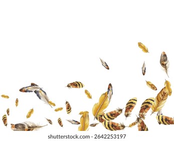 Beautiful watercolor feathers in various shades of yellov , gold and orange scattered on a white background. Perfect for naturethemed designs, boho decor, and artistic projects.