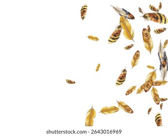 Beautiful watercolor feathers in various shades of yellov , gold and orange scattered on a white background. Perfect for naturethemed designs, boho decor, and artistic projects.