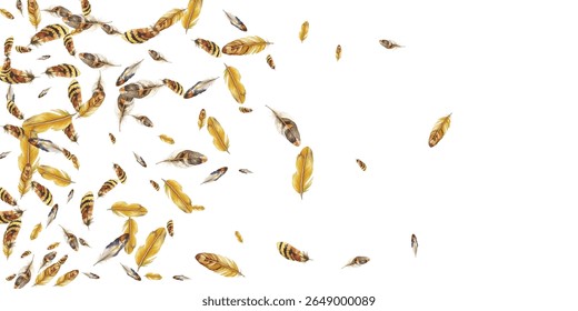 Beautiful watercolor feathers in various shades of yellov , gold and orange scattered on a white background. Perfect for naturethemed designs, boho decor, and artistic projects.