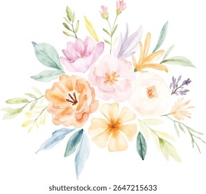 Um belo arranjo floral aquarela com flores rosa macio, pêssego e amarelo com folhas verdes e azuis, apresentado em um fundo transparente.
