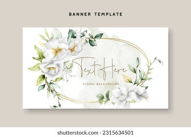 beautiful watercolor floral background with  greenery leaves and white flower