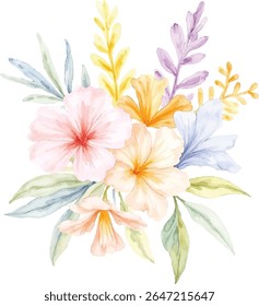 A beautiful watercolor floral bouquet featuring soft peach, pink, and yellow flowers with delicate green and blue foliage, isolated on a transparent background.