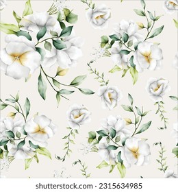 beautiful watercolor floral seamless pattern with  greenery leaves and white flower