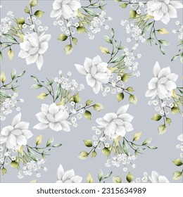 beautiful watercolor floral seamless pattern with  greenery leaves and white flower