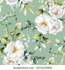 beautiful watercolor floral seamless pattern with  greenery leaves and white flower