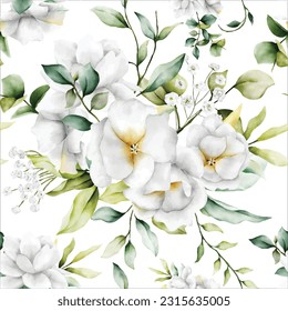 beautiful watercolor floral seamless pattern with  greenery leaves and white flower