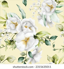 beautiful watercolor floral seamless pattern with  greenery leaves and white flower