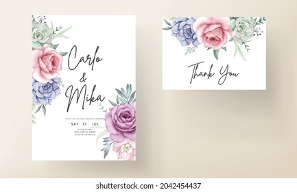Beautiful watercolor floral wedding invitation card with roses and succulents