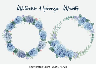 Beautiful watercolor floral wreaths with hydrangea flowers and eucalyptus branches