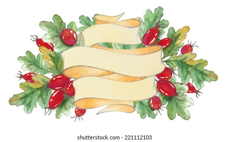 Beautiful watercolor flower elements for design. Vector illustration. Watercolor set design elements, background, label, bubble.Ribbons with rosehips and oak leaves  isolated on a white background. 