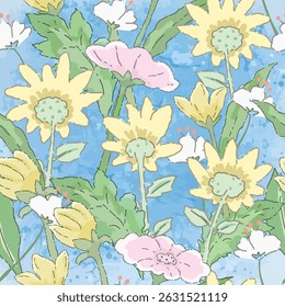 Linda flor de aquarela com folha verde e céu azul padrão sem emenda