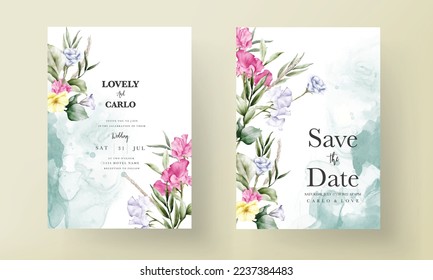 beautiful watercolor flower and leaves wedding invitation card