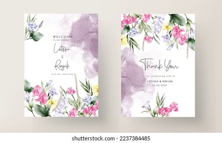 beautiful watercolor flower and leaves wedding invitation card