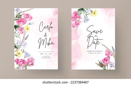 beautiful watercolor flower and leaves wedding invitation card