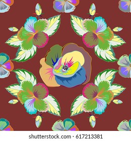 Beautiful watercolor flowers, bright painting inspired hibiscus flower print. Vector seamless pattern on a brown background.