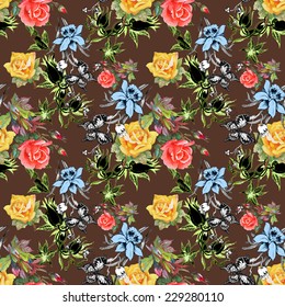Beautiful watercolor flowers and butterflies seamless pattern on brown background vector illustration