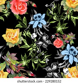 Beautiful watercolor flowers and butterflies seamless pattern on black background vector illustration