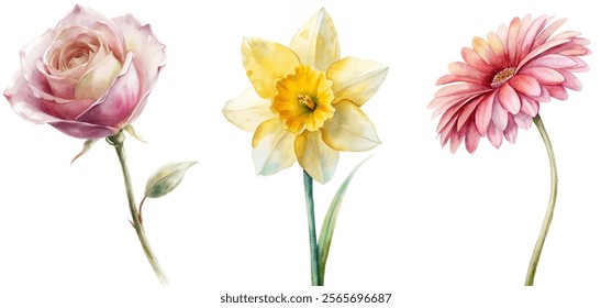 Beautiful watercolor flowers, delicate rose, vibrant daffodil, soft pink gerbera, floral art, nature illustration.