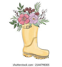 beautiful watercolor flowers are gathered in a bouquet in a yellow garden shoe