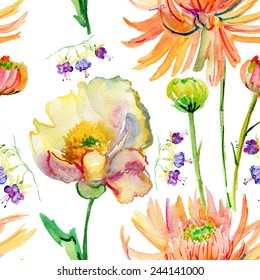 Beautiful Watercolor flowers seamless pattern. Vector illustration.