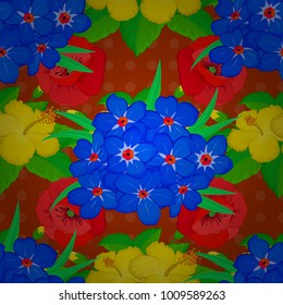 Beautiful watercolor forget-me-not flowers in blue, green and orange colors. Bright painting inspired forget-me-not flower print. Vector seamless background.