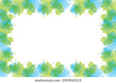 Beautiful watercolor frame with blue and green splashes on a white background. Perfect for invitations, greeting cards, posters, digital designs, or artistic projects.