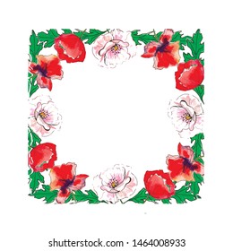 beautiful watercolor frame; from poppies and leaves; isolated on white background; with square background to place texts, quotes or logos - Illustration