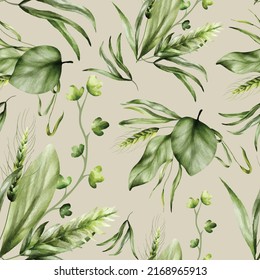 Beautiful watercolor greenery grass leaves seamless pattern
