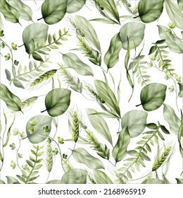 Beautiful watercolor greenery grass leaves seamless pattern