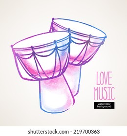 beautiful watercolor hand drawn drums on a beige background