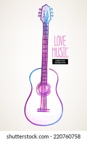 beautiful watercolor hand drawn guitar on a beige background 