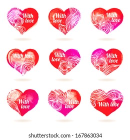 Beautiful watercolor heart with patterns and a declaration of love 