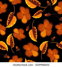 Beautiful watercolor hibiscus flowers in black, orange and red colors. Bright painting inspired hibiscus flower print. Vector seamless background.