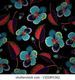 Beautiful watercolor hibiscus flowers in blue, gray and black colors. Bright painting inspired hibiscus flower print. Vector seamless background.