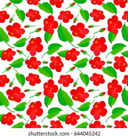 Beautiful watercolor hibiscus flowers, bright painting inspired floral print. Vector seamless pattern on a white background.