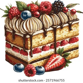 Beautiful watercolor illustartor of a piece of fruit cake with blueberries, blackberries, strawberries and rasberries, cream and chocolate. Isolated element on white background
