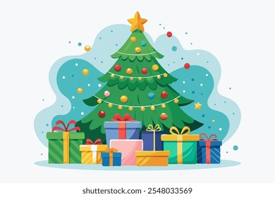 A beautiful watercolor illustration of a Christmas tree adorned with ornaments, surrounded by gift boxes and presents, perfect for holiday cards, festive designs, seasonal decor, and digital art
