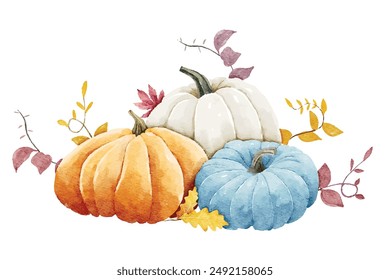 Hermosa ilustración de acuarela de calabazas coloridas rodeadas de hojas de otoño