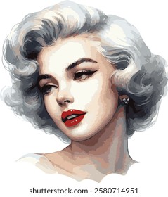 Beautiful watercolor illustration of an elegant lady in 1950s style with red lips