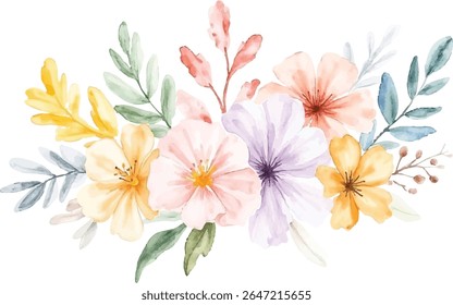 A beautiful watercolor illustration features a cluster of delicate flowers and leaves in soft pastel shades, perfect for adding a touch of nature to designs on a transparent background.