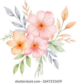 A beautiful watercolor illustration features a cluster of soft pink and vibrant orange flowers with delicate green and grey leaves, presented isolated on a transparent background.