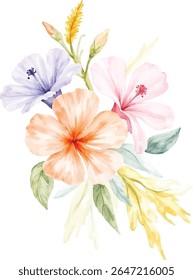 A beautiful watercolor illustration features a cluster of tropical flowers, including orange, pink, and lavender hibiscus, all isolated on a transparent background.