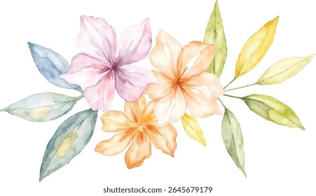 Uma bela ilustração em aquarela com um aglomerado de flores suaves cor-de-rosa e pêssego com delicadas folhas verdes e em tons azuis, isoladas em fundo transparente.