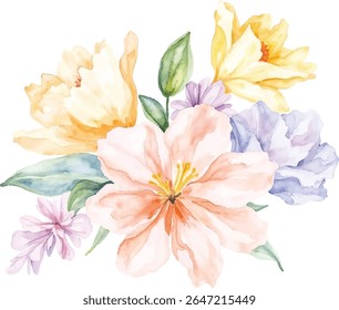 A beautiful watercolor illustration featuring a cluster of soft peach, sunny yellow, and gentle lavender flowers with green leaves, presented isolated on a transparent background.