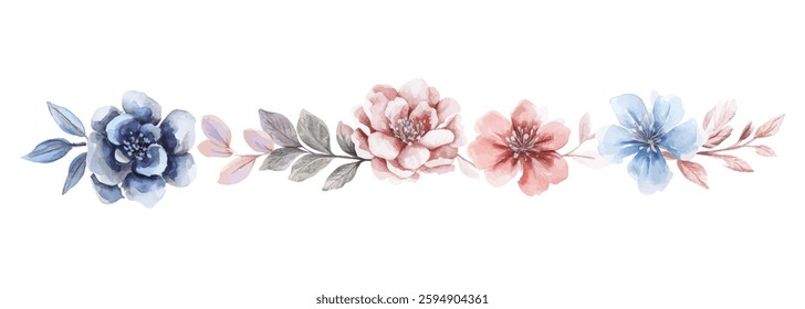 A beautiful watercolor illustration featuring an elegant floral arrangement with blue and pink flowers, complemented by soft-toned leaves on a white background