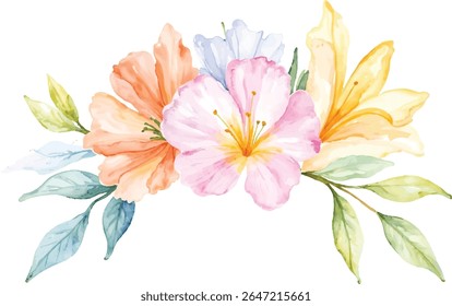 A beautiful watercolor illustration featuring a harmonious blend of soft orange, pink, and yellow flowers with delicate green leaves, presented isolated on a transparent background.