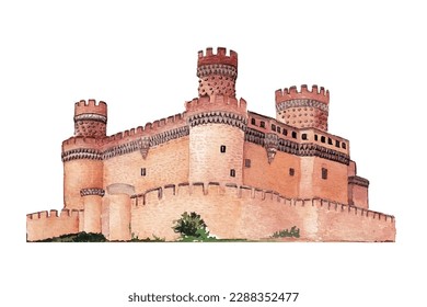 beautiful watercolor illustration manzanares real castle spain hand drawn