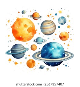 Linda ilustração em aquarela de planetas e estrelas, misturando tons brilhantes em um caleidoscópio de cores. Projeto vetorial etéreo com temática espacial de corpos celestes radiantes, incluindo anéis, nebulosas