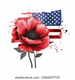 Beautiful watercolor illustration Poppy flower and American flag isolated on white background